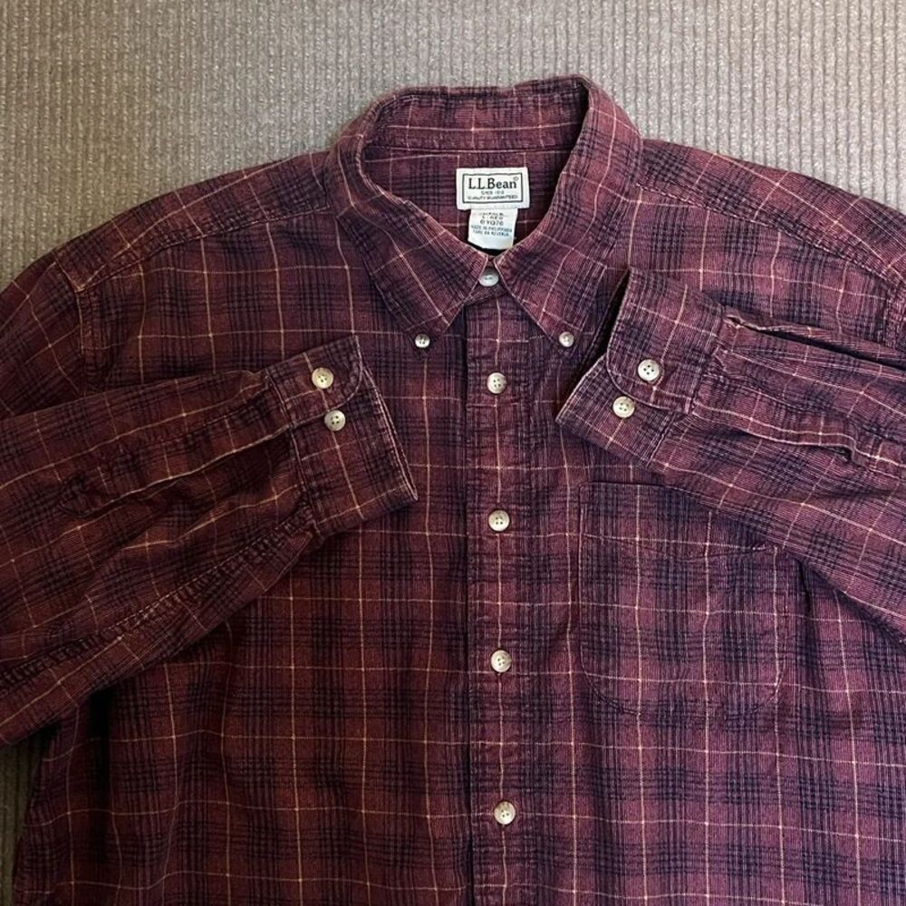 L.L. Bean Men’s L Regular Burgundy Windowpane Corduroy Shirt Soft 100% Cotton